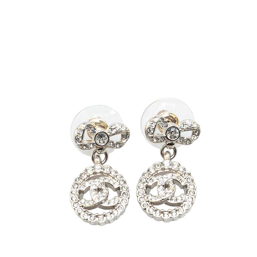 Chanel Silver CC Rhinestones Push Back Earrings Silver Silver Good condition - Front View