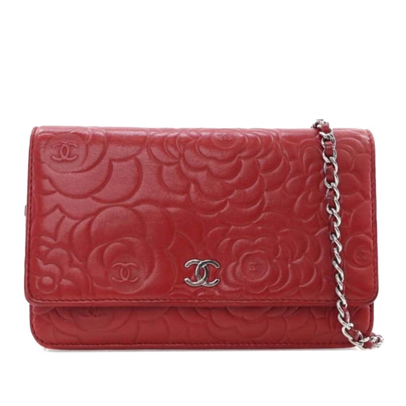 Chanel Embossed Lambskin Camellia Wallet On Chain Red Leather Good condition - Front View