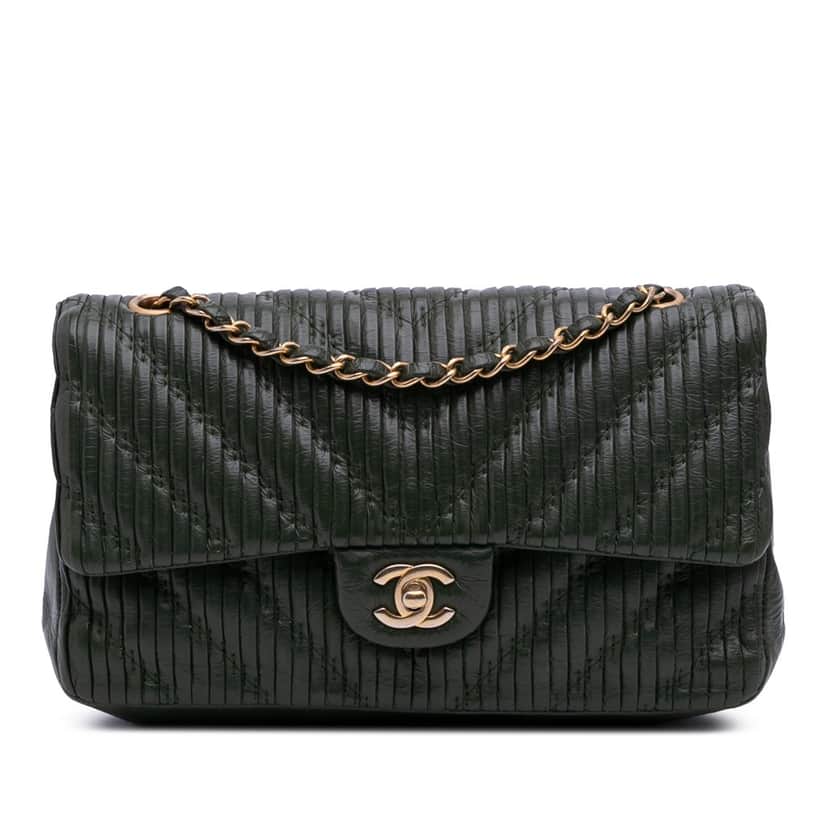 Chanel Medium Chevron Calfskin Coco Pleats Double Flap Green Leather Good condition - Front View