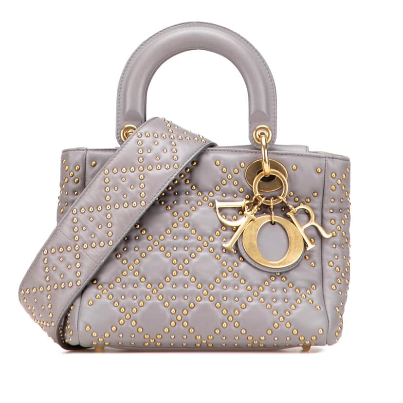 Dior Small Lambskin Cannage Studded Supple Lady Dior Grey Leather Good condition - Front View