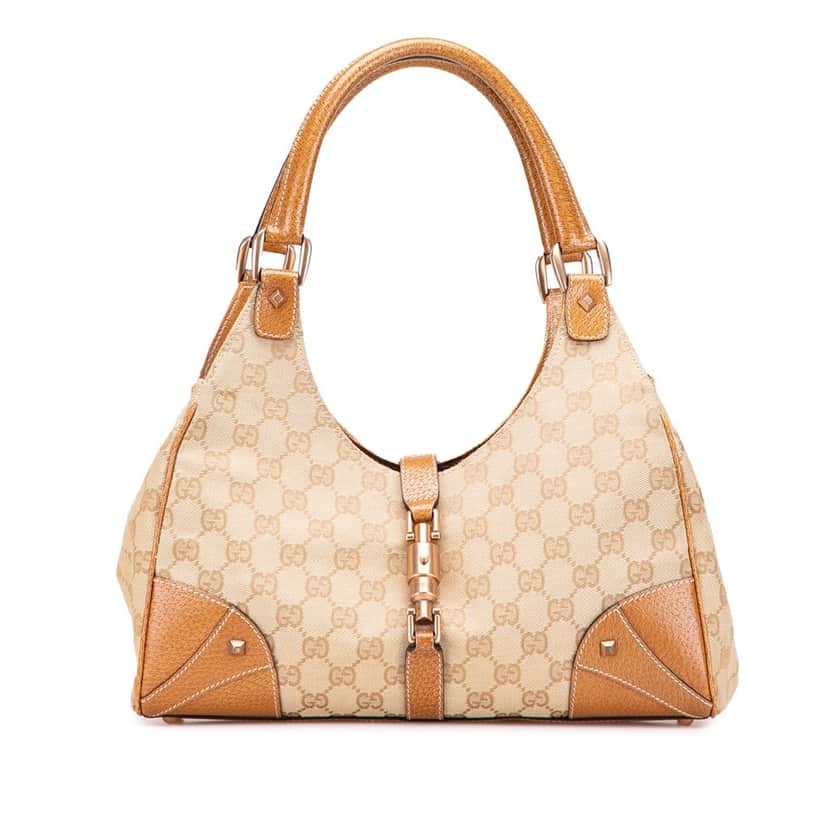 Gucci GG Canvas Nailhead Jackie Bardot Handbag Brown Canvas Good condition - Front View