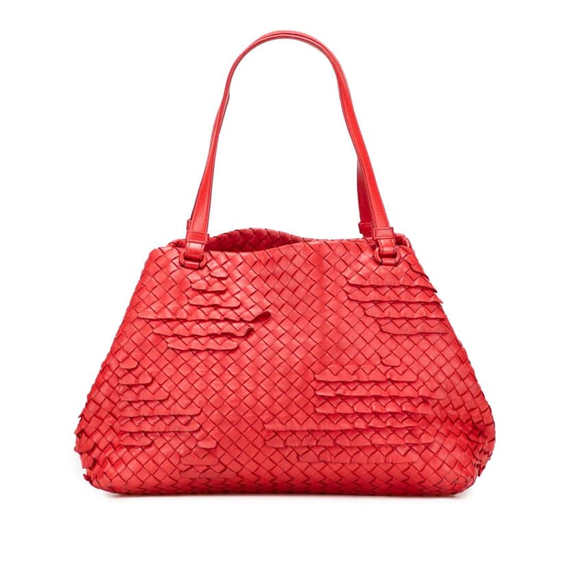 Bottega Veneta Nappa Intrecciato Ruffle Tote Red Leather Good condition - Front View