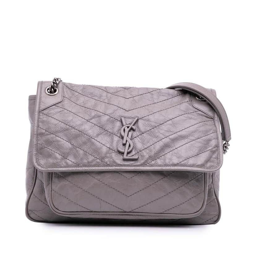 Saint Laurent Large Crinkled Calfskin Niki Chain Bag Grey Leather Good condition - Front View