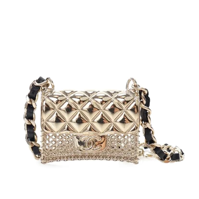 Chanel Gold Plated Lambskin Micro Flap Bag Pendant Necklace Gold Metal Very good condition - Front View