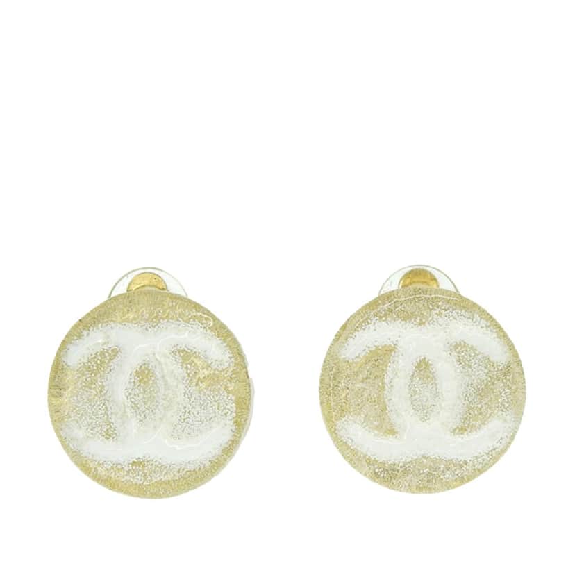 Chanel CC Resin and Gold Plated Button Clip On Earrings White Good condition - Front View