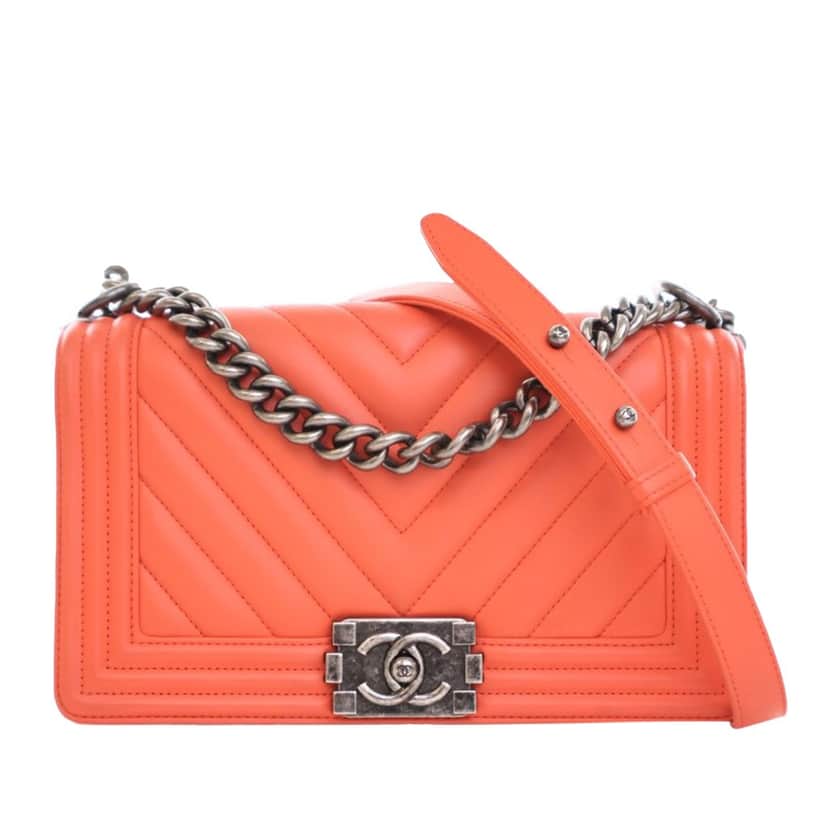 Chanel Old Medium Chevron Lambskin Boy Flap Orange Leather Good condition - Front View