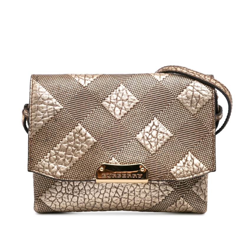 Burberry Embossed Grain Check Leather Langley Crossbody Gold Leather Good condition - Front View
