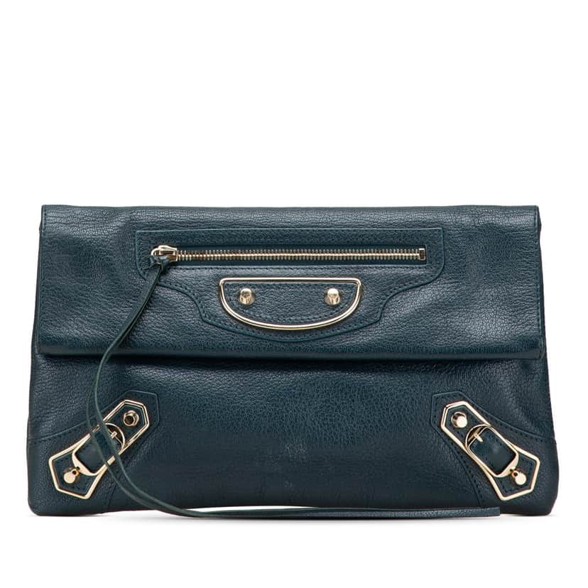 Balenciaga Chevre Motocross Metallic Edge Envelope Clutch Blue Leather Good condition - Front View
