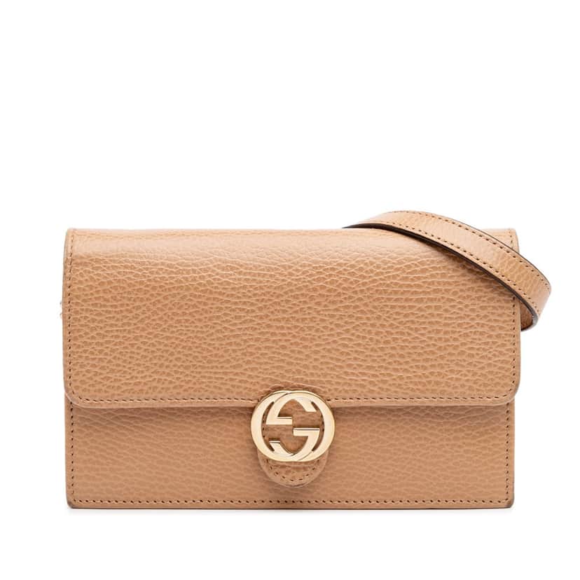 Gucci Interlocking G Dollar Calfskin Wallet on Chain Brown Leather Good condition - Front View
