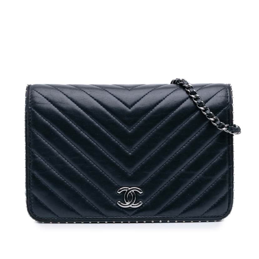 Chanel Chevron Lambskin Studded Wallet On Chain Blue Leather Good condition - Front View