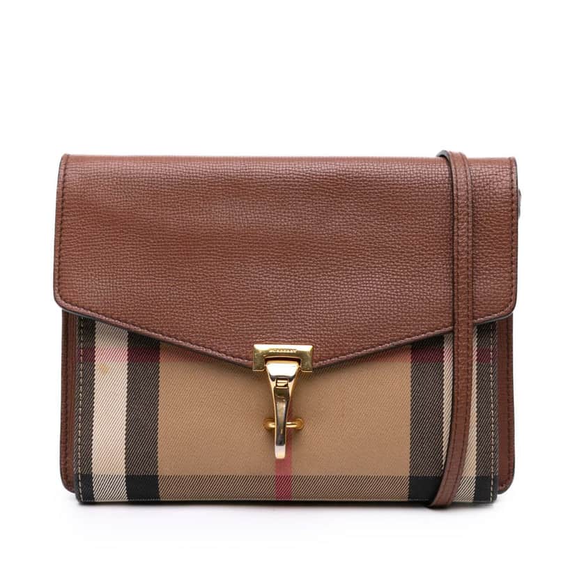 Burberry Small Leather and House Check Canvas Derby Macken Crossbody Brown Canvas Good condition - Front View