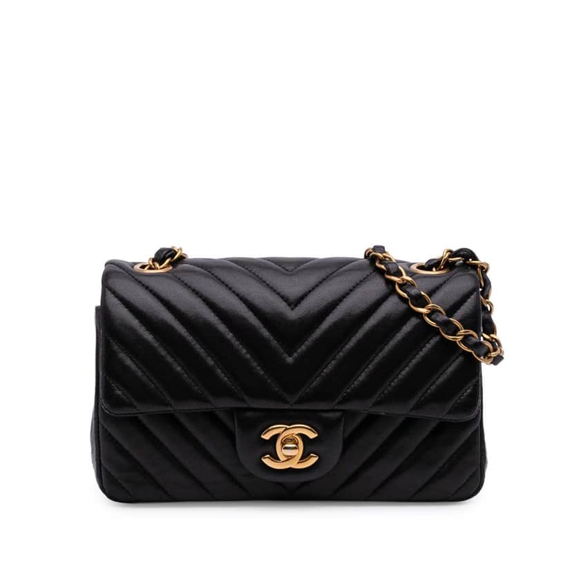 Chanel Mini Rectangular Classic Chevron Lambskin Single Flap Black Leather Good condition - Front View