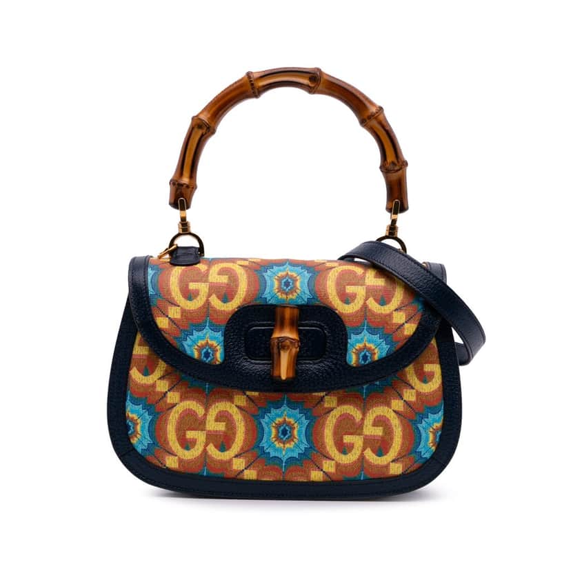 Gucci 100th Anniversary Medium GG Coated Canvas Kaleidoscope 1947 Bamboo Top Handle Bag Blue Canvas Good condition - Front View