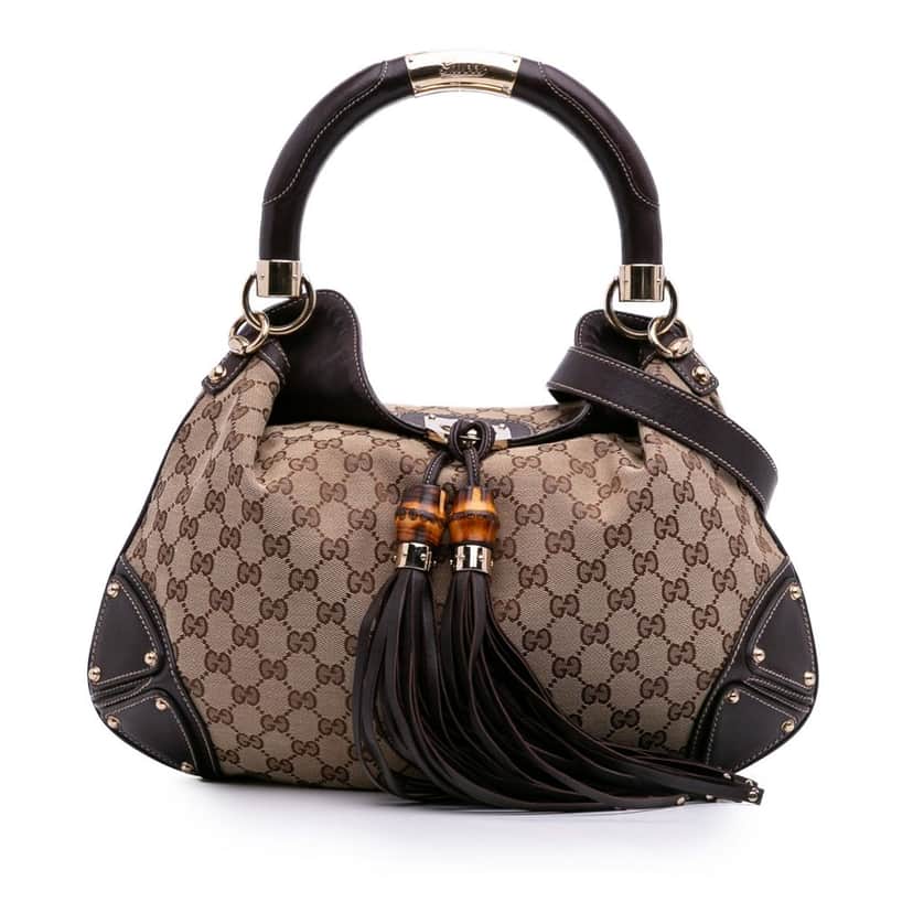 Gucci Medium GG Canvas Bamboo Indy Hobo Brown Canvas Good condition - Front View