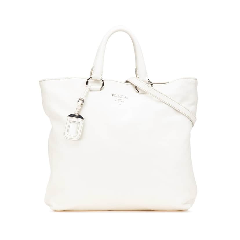 Prada Vitello Daino Open Convertible Tote White Leather Good condition - Front View