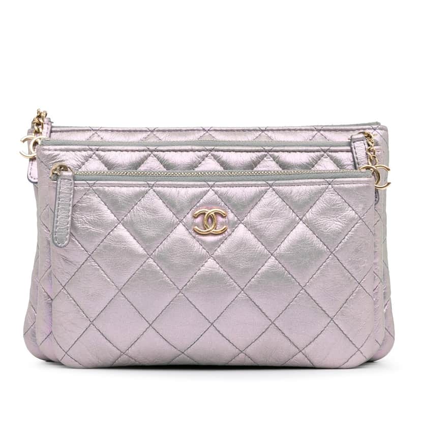 Chanel Iridescent Crumpled Calfskin Trio Cosmetic Case Purple Leather Good condition - Front View