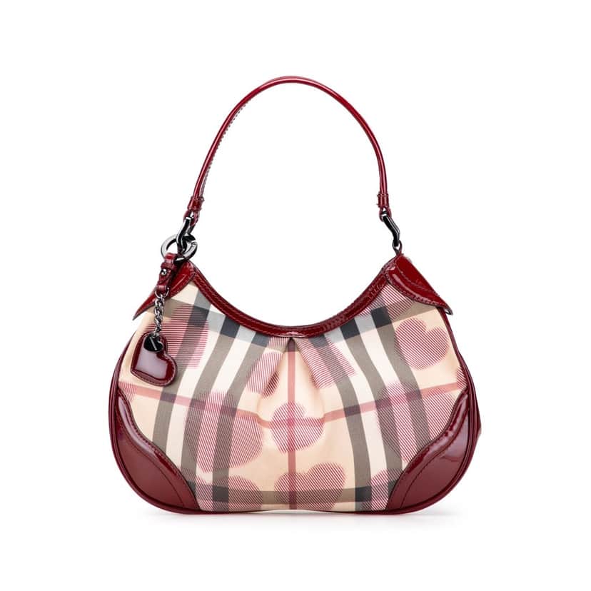 Burberry Patent Trimmed House Check Canvas Hearts Shoulder Bag Brown Canvas Good condition - Front View