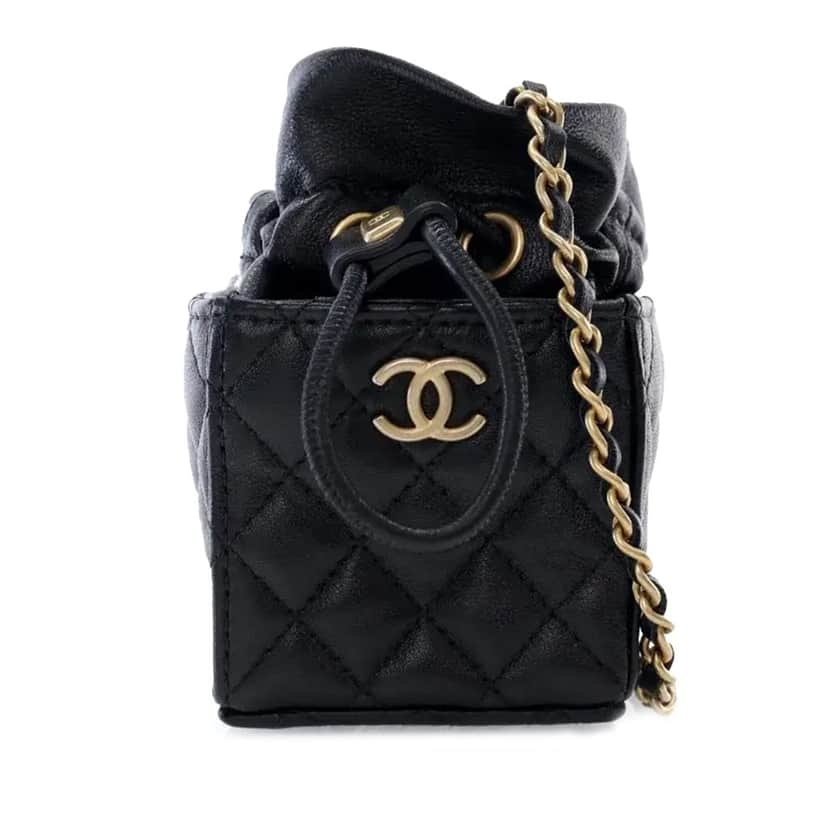 Chanel Mini Quilted Calfskin Drawstring Bucket Bag Black Leather Good condition - Front View