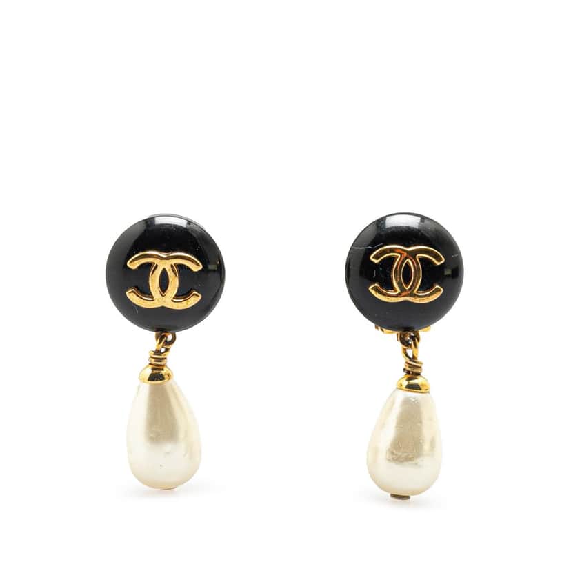 Chanel Gold Plated Faux Pearl CC Drop Clip On Earrings Gold Metal Good condition - Front View