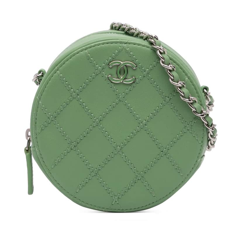 Chanel Quilted Lambskin Ultimate Stitch Round Clutch With Chain Green Leather Good condition - Front View