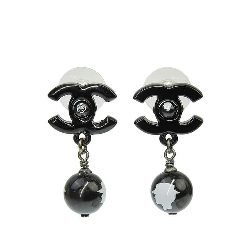 Chanel CC Plastic Drop Push Back Earrings Black Good condition - Front View
