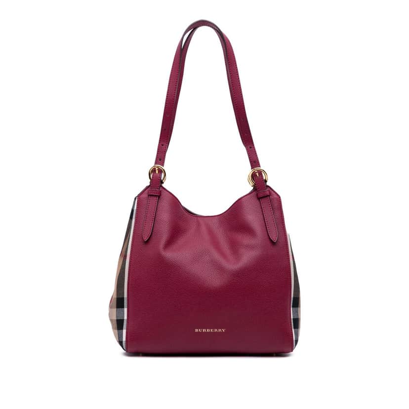 Burberry Grained Calfskin and House Check Canvas Canterbury Tote Purple Leather Good condition - Front View
