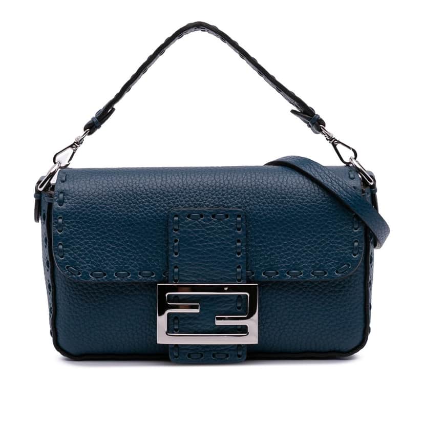 Fendi Mini Leather Selleria Baguette Satchel Blue Leather Good condition - Front View