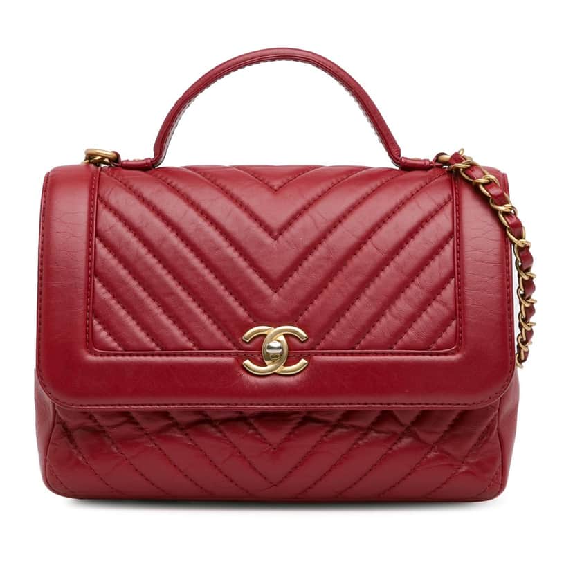 Chanel CC Chevron Calfskin Top Handle Flap Red Leather Good condition - Front View