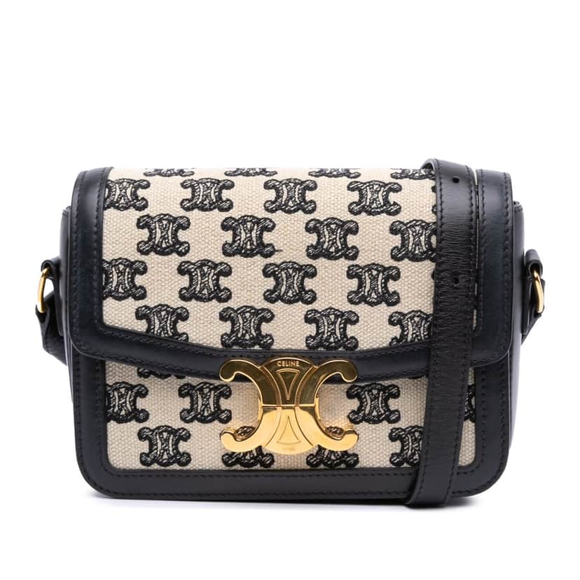 Celine Teen Embroidered Canvas and Calfskin Triomphe Crossbody Brown Canvas Good condition - Front View