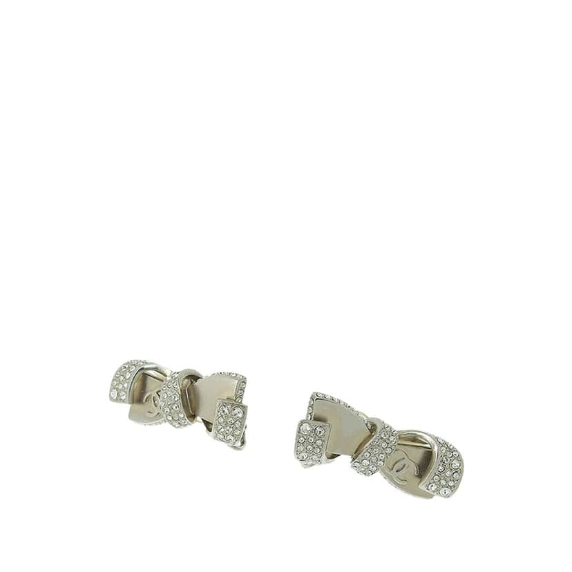Chanel Silver Rhinestones Ribbon Clip on Earrings Silver Silver Good condition - Front View