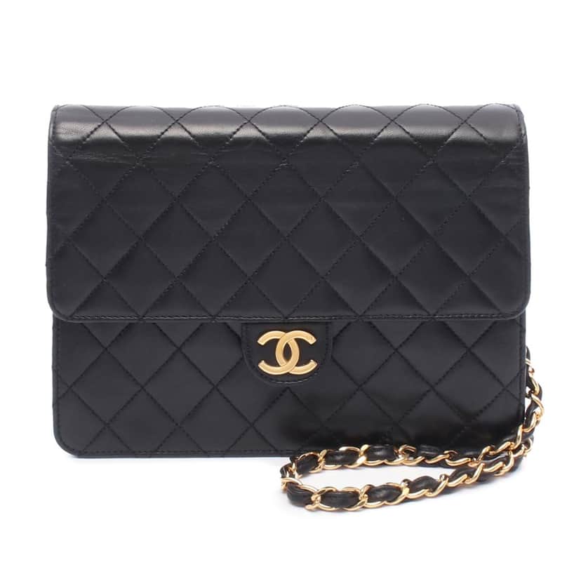 Chanel CC Quilted Lambskin Chain Single Flap Black Leather Good condition - Front View