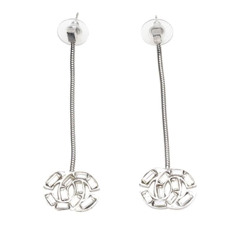 Chanel CC Silver Plated Crystal Drop Push Back Earrings Silver Silver Good condition - Front View