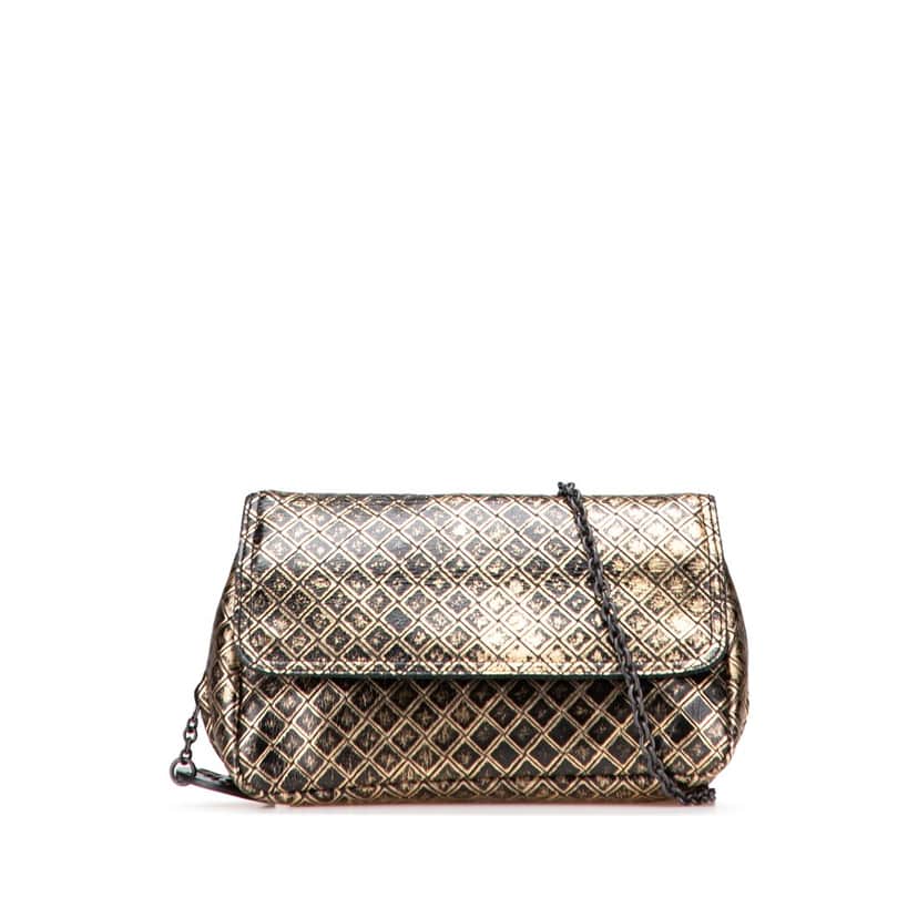 Bottega Veneta Metallic Calfskin Intrecciomirage Chain Flap Crossbody Gold Leather Good condition - Front View