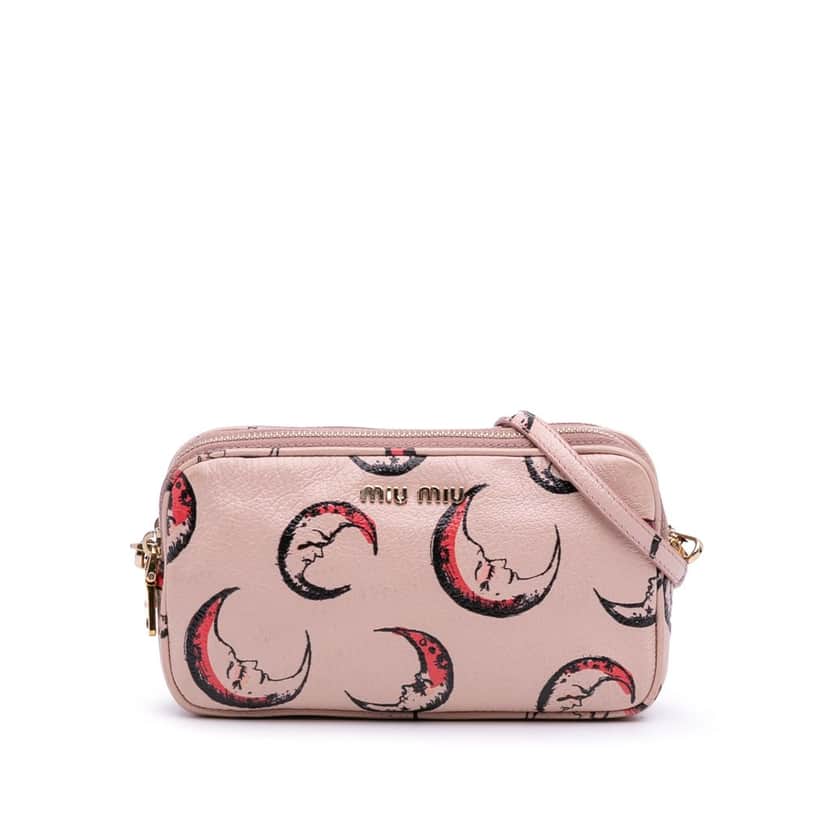 Miu Miu Goatskin Madras Moon Print Double Zip Crossbody Pink Leather Good condition - Front View