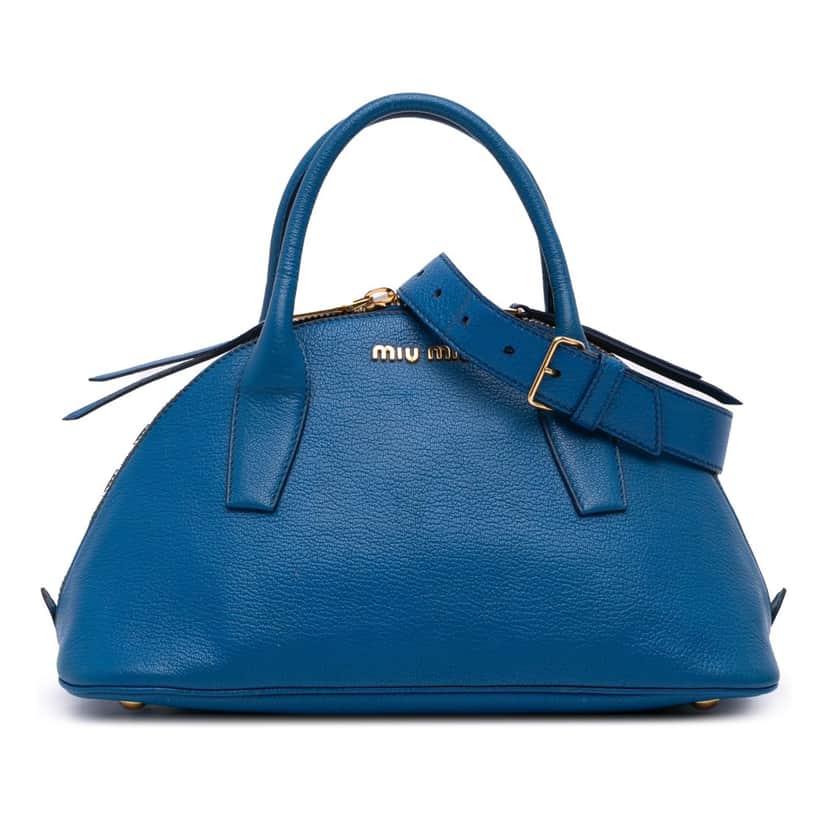 Miu Miu Goatskin Madras Bowling Bag Blue Leather Good condition - Front View
