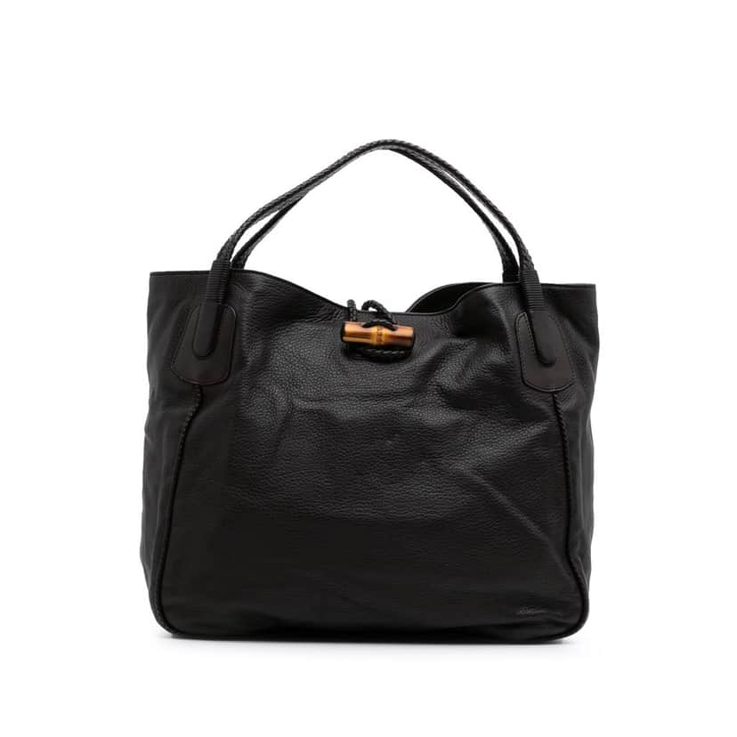 Gucci Large Pebbled Deerskin Bamboo Hip Tote Brown Leather Good condition - Front View
