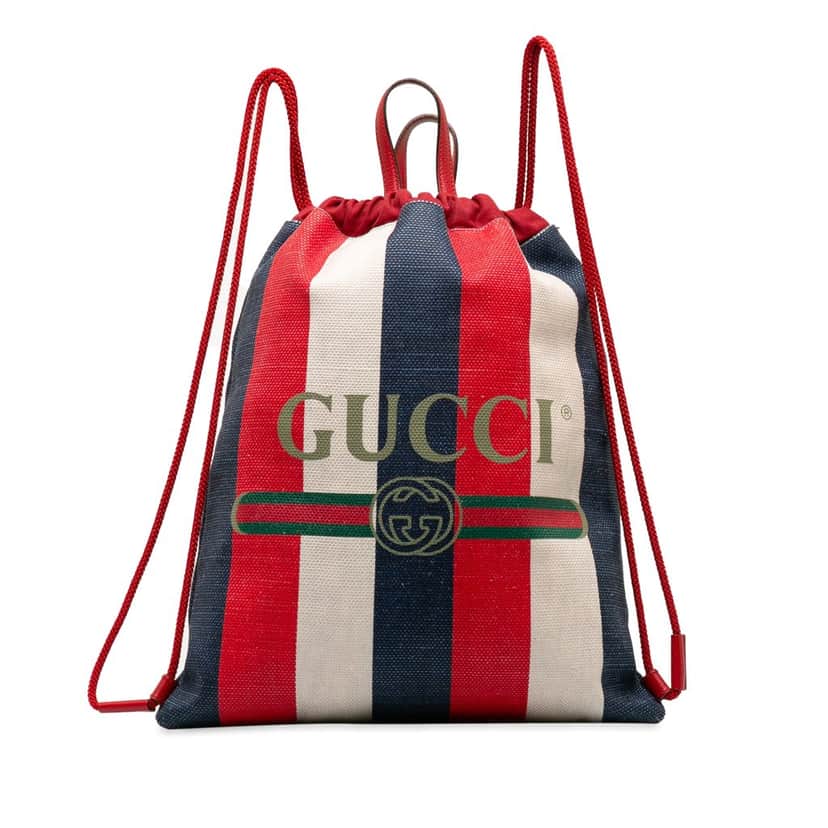Gucci Canvas Sylvie Stripe Logo Drawstring Backpack Red Canvas Good condition - Front View