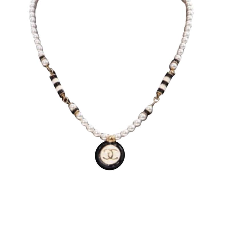 Chanel Gold Plated Faux Pearl CC Pendant Necklace Gold Metal Good condition - Front View