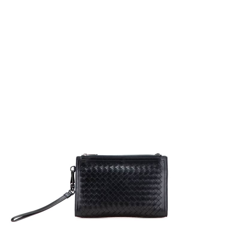 Bottega Veneta Nappa Intrecciato Double Zip Clutch Black Leather Good condition - Front View