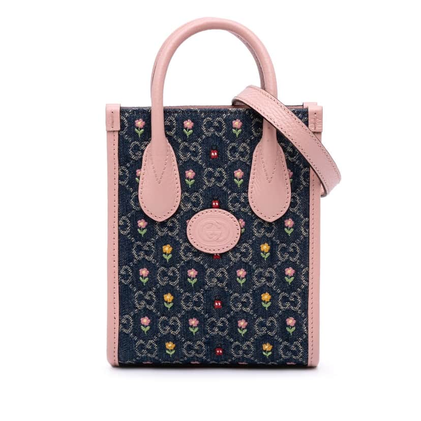 Gucci Mini GG Denim Interlocking G Flowers Tote Blue Denim Good condition - Front View