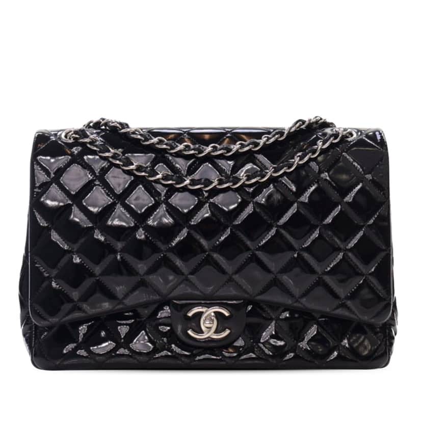Chanel Maxi Classic Patent Double Flap Black Leather Good condition - Front View