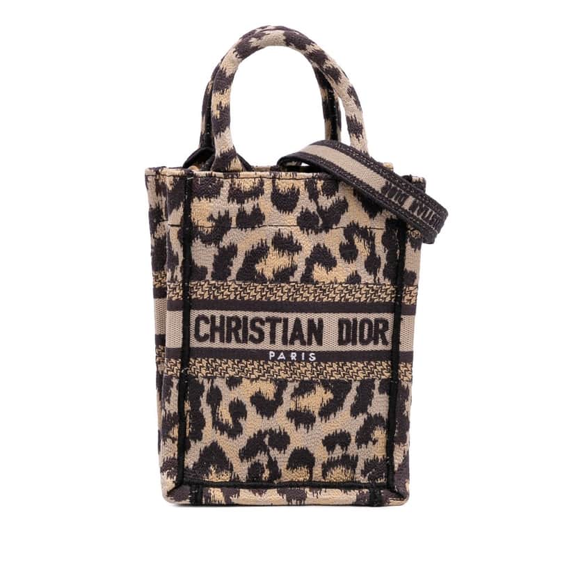 Dior Mizza Mini Embroidered Canvas Leopard Vertical Book Tote Brown Canvas Good condition - Front View