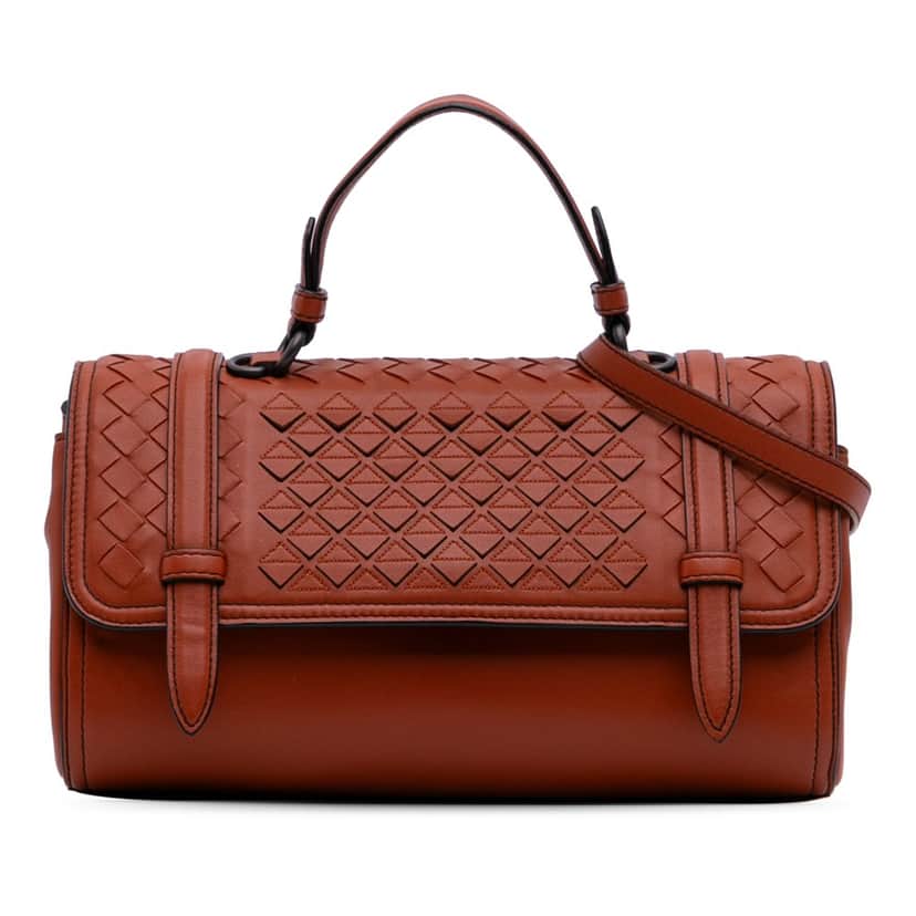 Bottega Veneta Nappa Intrecciato Flap Satchel Brown Leather Good condition - Front View