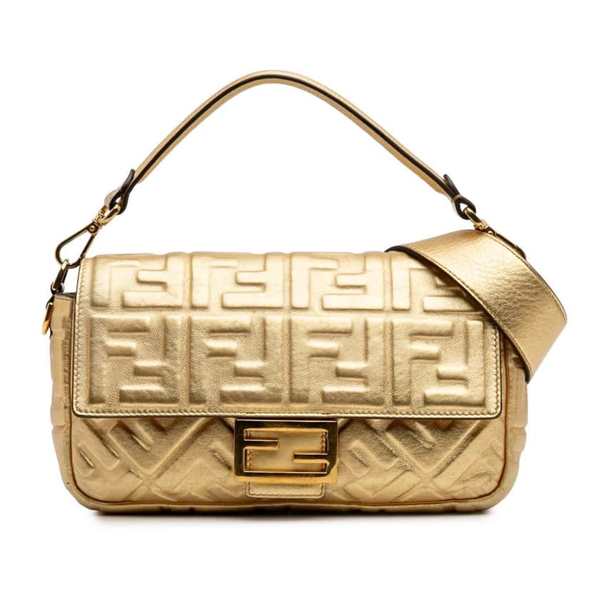 Fendi Zucca Embossed Leather Baguette Satchel Gold Leather Fair condition - Front View