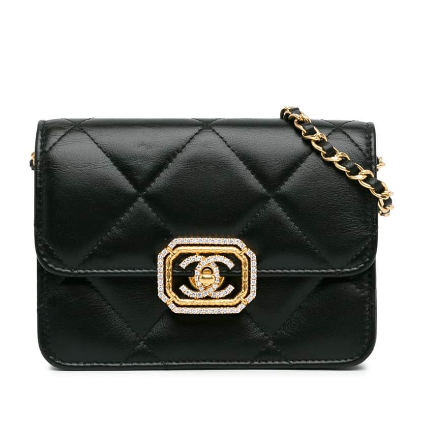 Chanel Quilted Calfskin Strass Clutch With Chain Flap Black Leather Very good condition - Front View