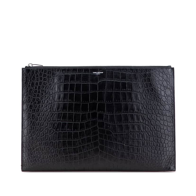 Saint Laurent Croc Embossed Leather Document Holder Black Leather Good condition - Front View