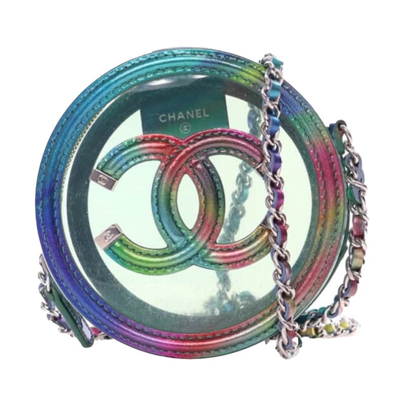 Chanel PVC and Metallic Lambskin CC Filigree Round Clutch with Chain Green Good condition - Front View