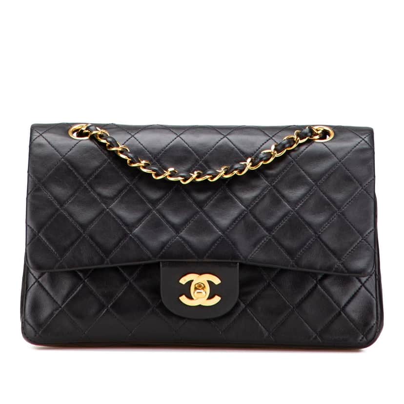 Chanel Medium Classic Lambskin Double Flap Black Leather Fair condition - Front View