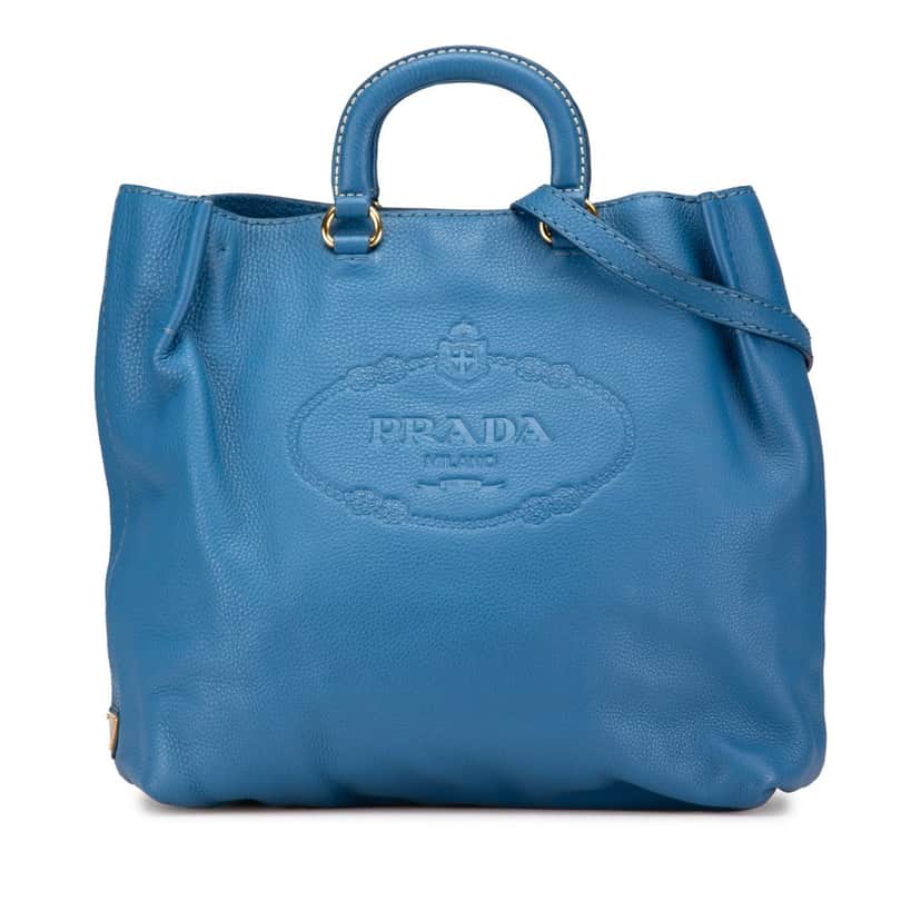 Prada Vitello Daino Canapa Open Convertible Tote Blue Leather Good condition - Front View