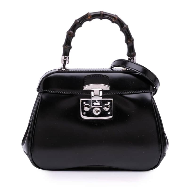 Gucci Mini Polished Leather Bamboo Lady Lock Top Handle Bag Black Leather Good condition - Front View